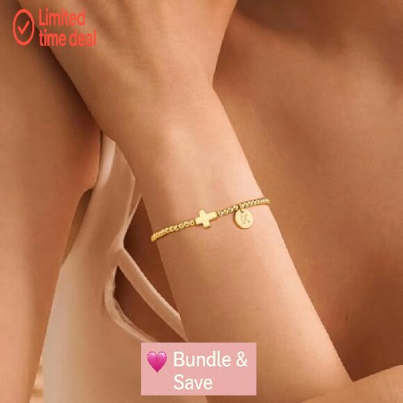 Gold Cross Initial Bracelet Dainty Stretch 6.5in Religious Jewelry Gift - Picture 6 of 8